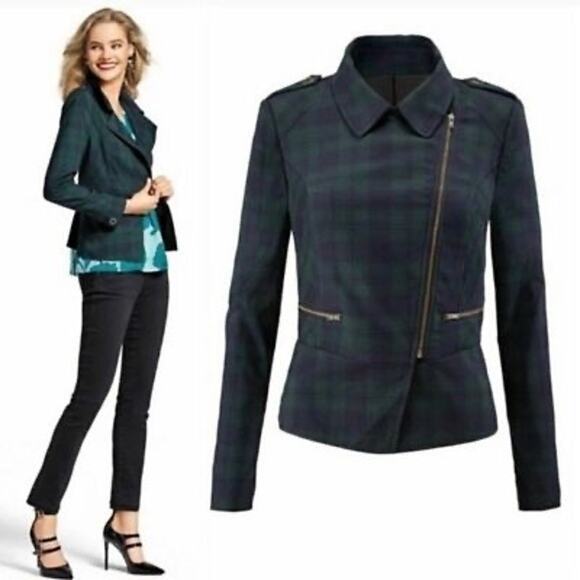 CAbi #3181 Green & Navy Blue Tartan Plaid Zip Front Moto Jacket Size 6 - Picture 9 of 9